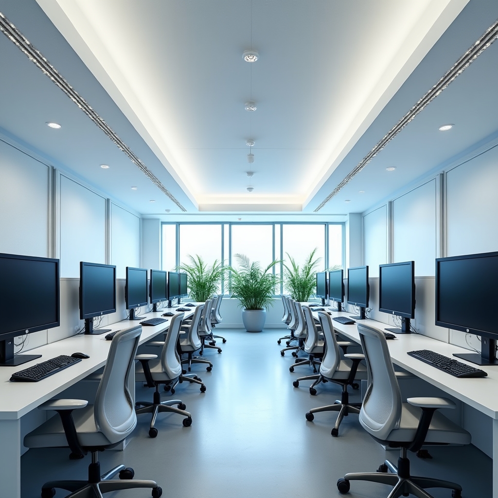Aula de informática con ordenadores modernos y sillas ergonómicas