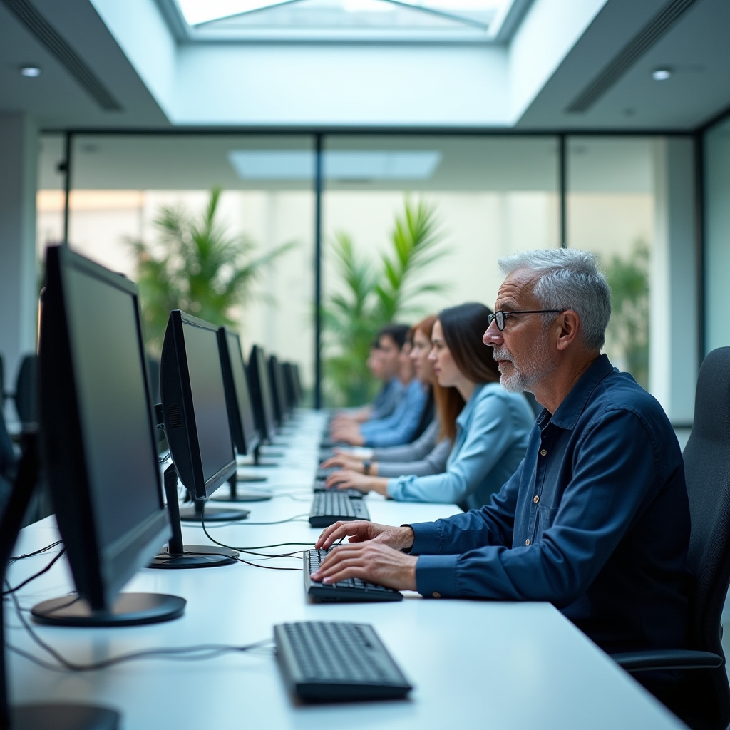 Aula de formación digital con adultos mayores de 45 años trabajando con ordenadores